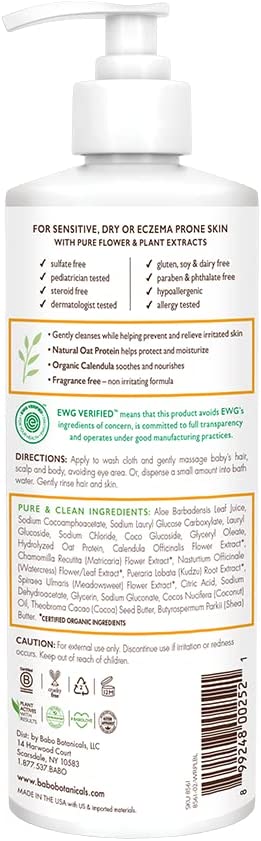 Babo Botanicals Sensitive Baby Fragrance-Free 2-in-1 Shampoo & Wash - with Natural Oat Protein, Shea & Cocoa Butter - EWG Verified & Hypoallergenic - 16 fl. oz. - Image 2